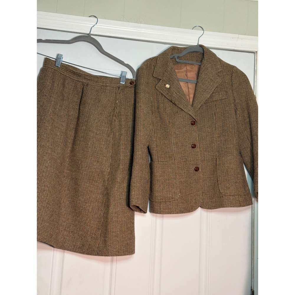 Vintage Larry Levine New York Brown Tweed Wool Skirt Suit Set Blazer Size Small